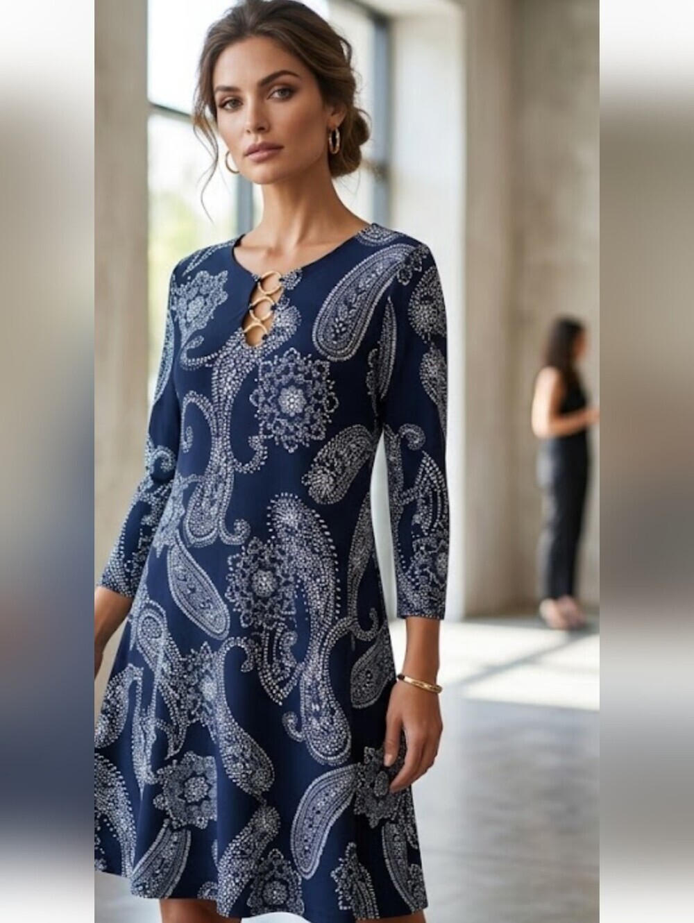 MSK Navy Paisley Ring-Detail Women's Midi Dress Size M.